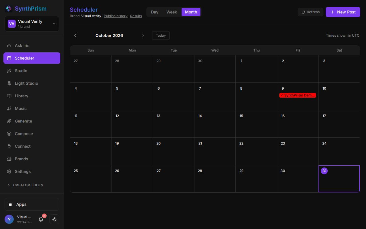 SynthPrism scheduler in month view with a published post on the calendar