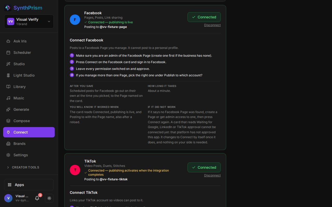SynthPrism Connect Platforms screen with a connected Facebook card