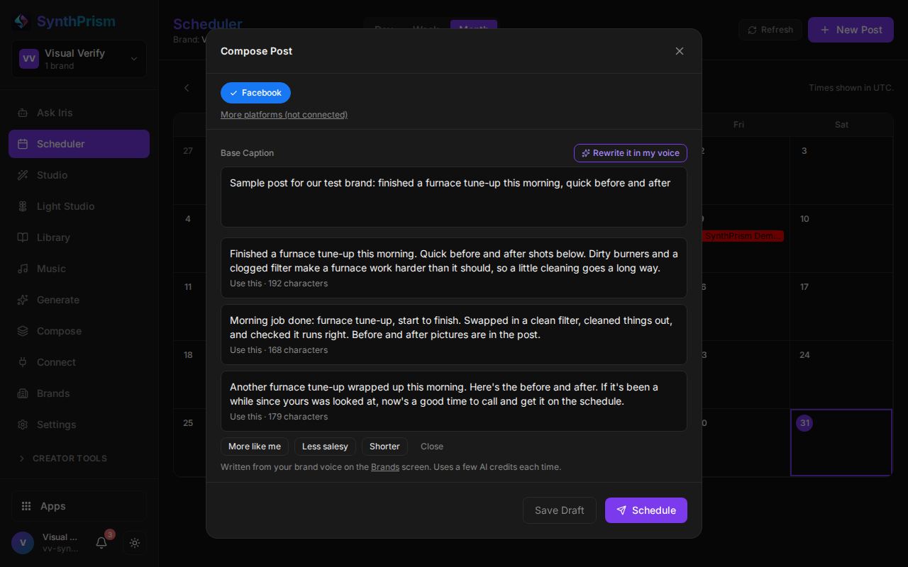 SynthPrism new post window with three AI caption drafts under the base caption